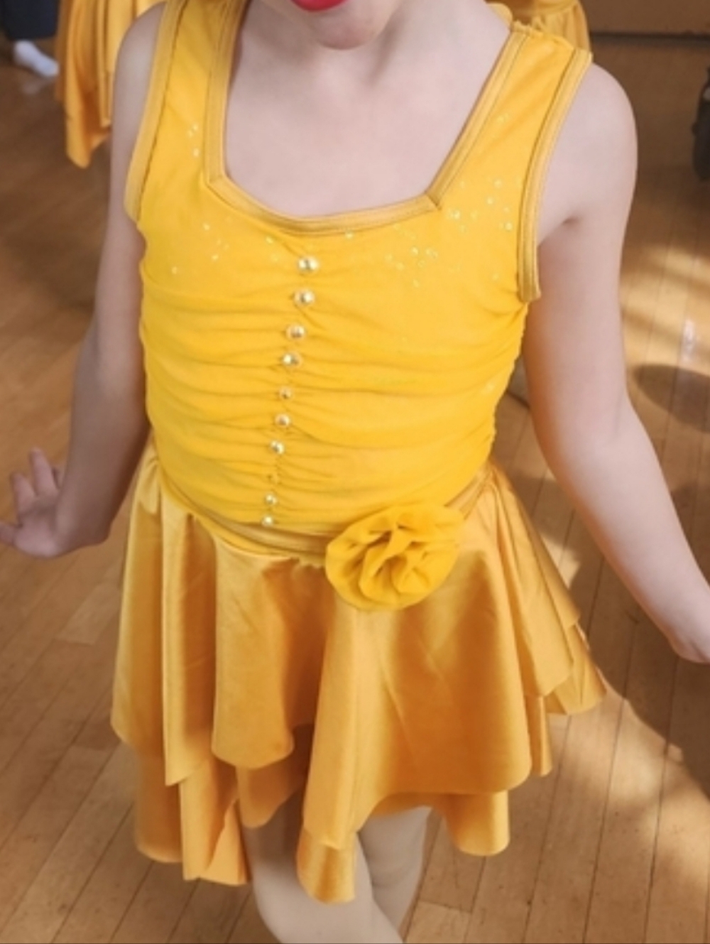 Vibrant Yellow Layered Dress with Floral Accent For DANCE COMPETITION